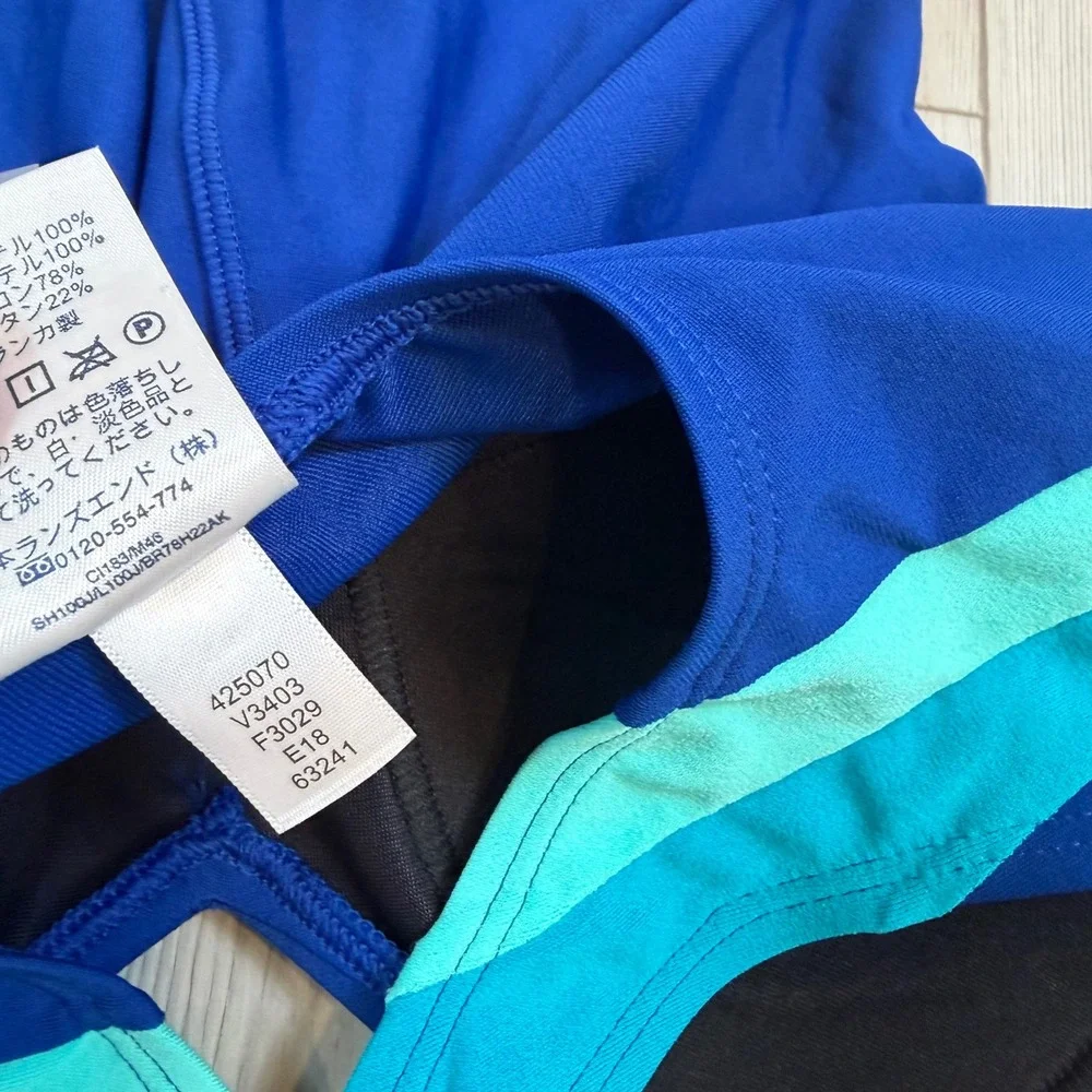 Lands End Blue Turquoise Colorblock One Piece Swimsuit Cross Back Size 10